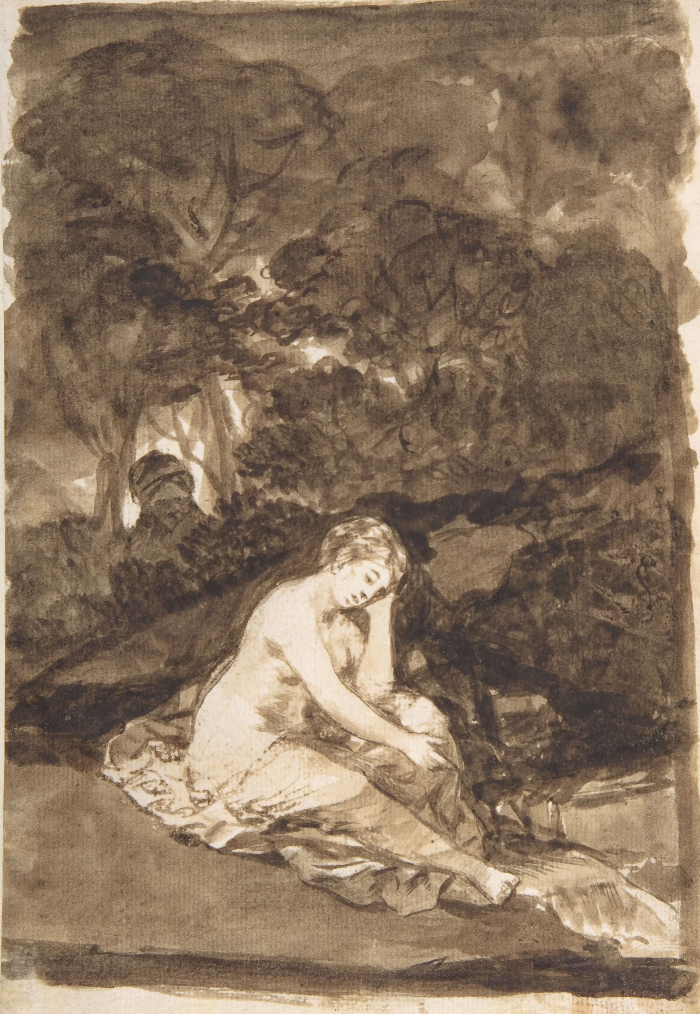 Goya, A Woman Sitting by a Stream, Album F, page 32 Ca. 1812–20. Brush, bistre and wash, traces of red chalk, on laid paper. The Metropolitan Museum of Art, New York, Harris Brisbane Dick Fund, 1935
