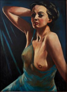 Francis Picabia, Femme á la chemise bleue, 1942-1943 Oil on board 40 3/8 x 29 1/2 inches (102.6 x 74.93 cm) © 2021 Artists Rights Society (ARS), New York / ADAGP, Paris