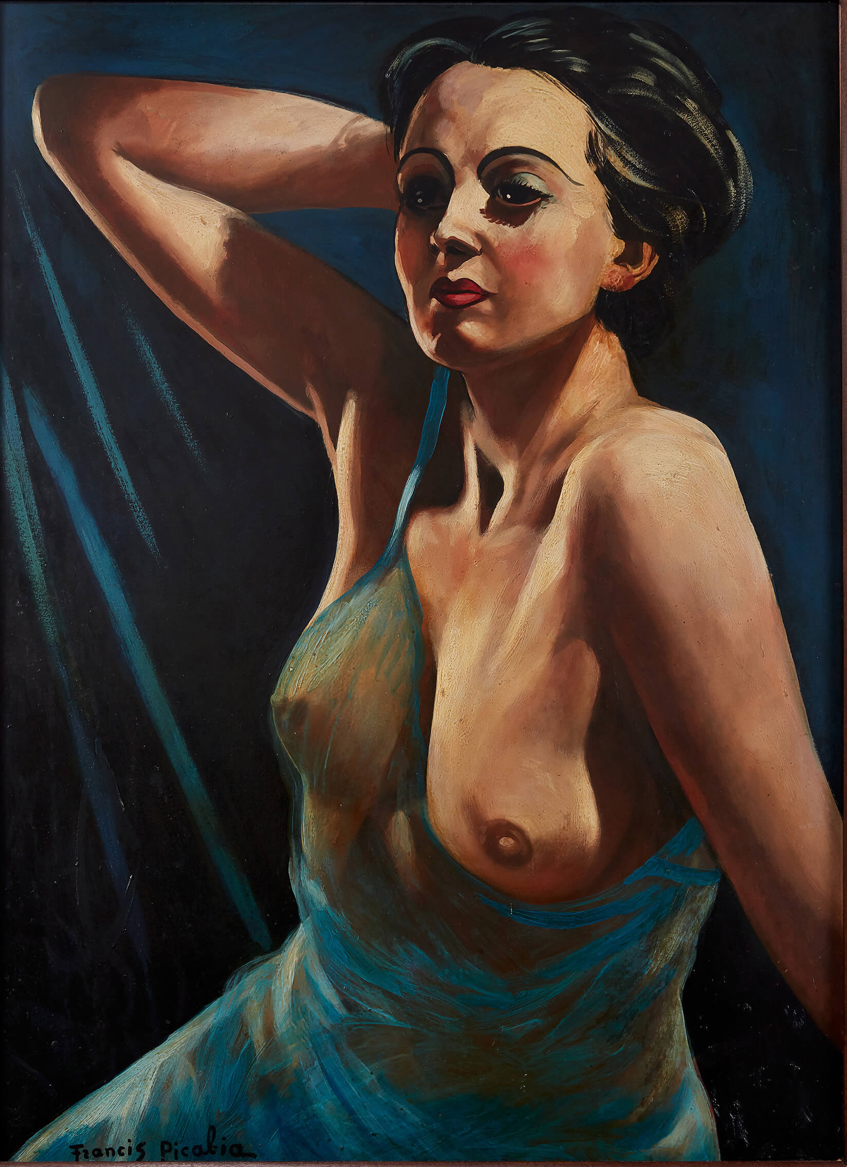 Francis Picabia, Femme á la chemise bleue, 1942-1943 Oil on board 40 3/8 x 29 1/2 inches (102.6 x 74.93 cm) © 2021 Artists Rights Society (ARS), New York / ADAGP, Paris