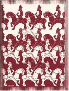 M.C. Escher, Regular Division of the Plane III, 1957. Woodcut print in red. Private collection, Italy. All M.C. Escher works © 2021 The M.C. Escher Company The Netherlands. All rights reserved. www.mcescher.com