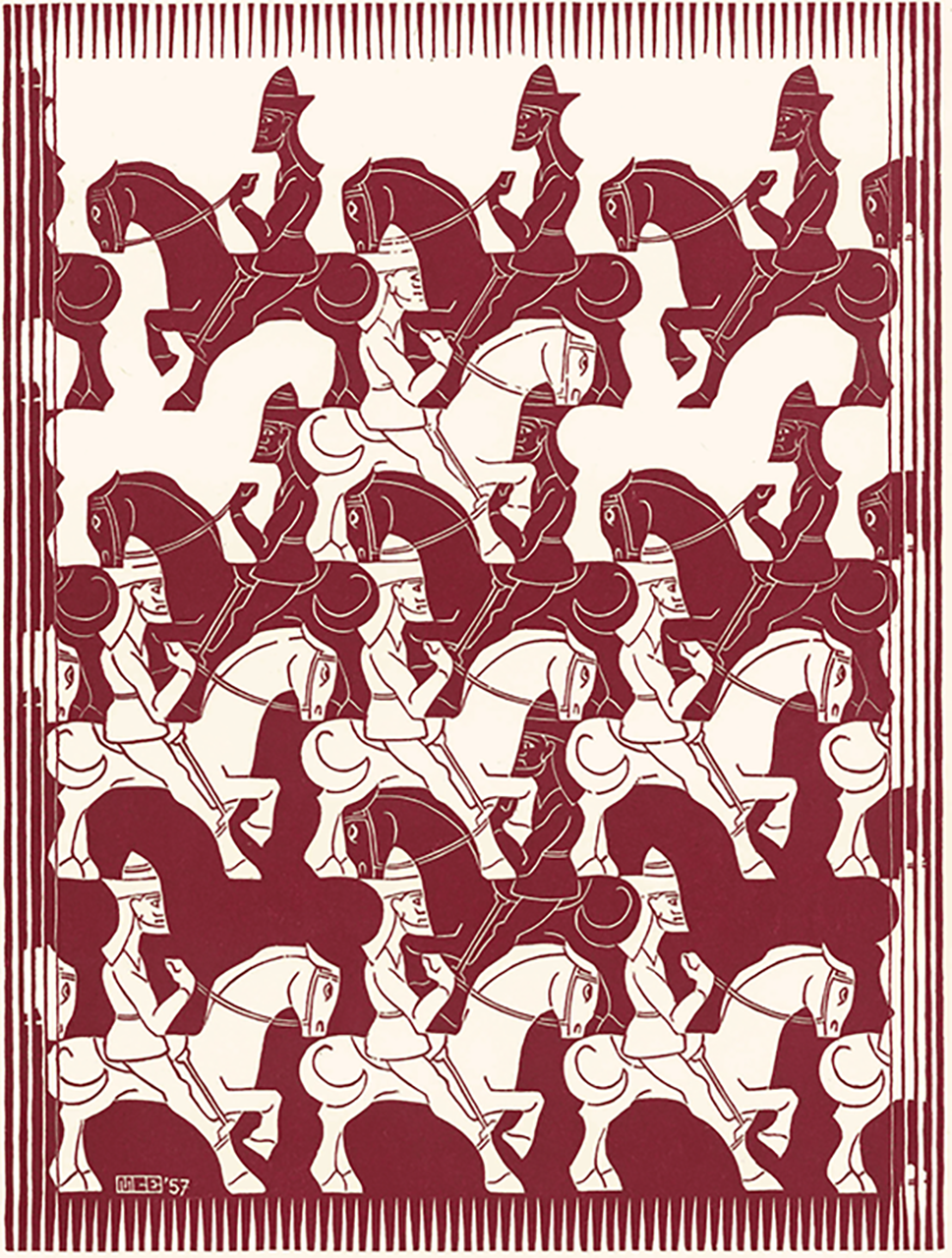 M.C. Escher, Regular Division of the Plane III, 1957. Woodcut print in red. Private collection, Italy. All M.C. Escher works © 2021 The M.C. Escher Company The Netherlands. All rights reserved. www.mcescher.com