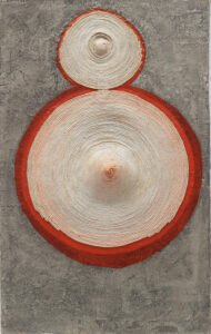 Eva Hesse, Ringaround Arosie, 1965. Pencil, acetone, varnish, enamel paint, ink, and cloth covered electrical wire on papier - mâché and Masonite 26 3/8 x 16 1/2 x 4 1/2" (67 x 41.9 x 11.4 cm) The Museum of Modern Art, New York; Fractional and prom