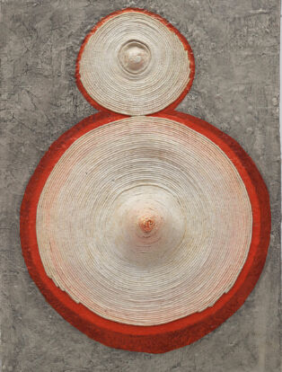 Eva Hesse, Ringaround Arosie, 1965. Pencil, acetone, varnish, enamel paint, ink, and cloth covered electrical wire on papier - mâché and Masonite 26 3/8 x 16 1/2 x 4 1/2