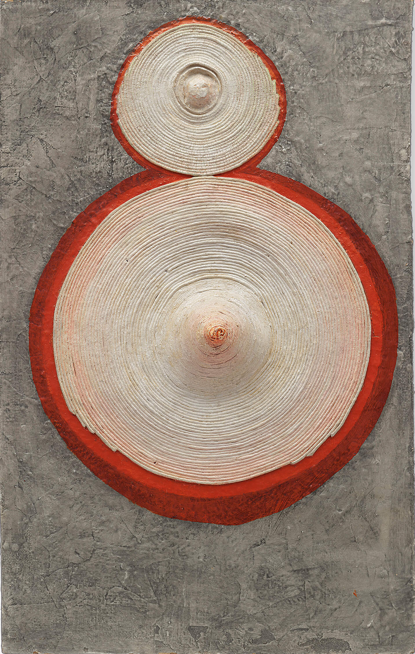 Eva Hesse, Ringaround Arosie, 1965. Pencil, acetone, varnish, enamel paint, ink, and cloth covered electrical wire on papier - mâché and Masonite 26 3/8 x 16 1/2 x 4 1/2" (67 x 41.9 x 11.4 cm) The Museum of Modern Art, New York; Fractional and prom