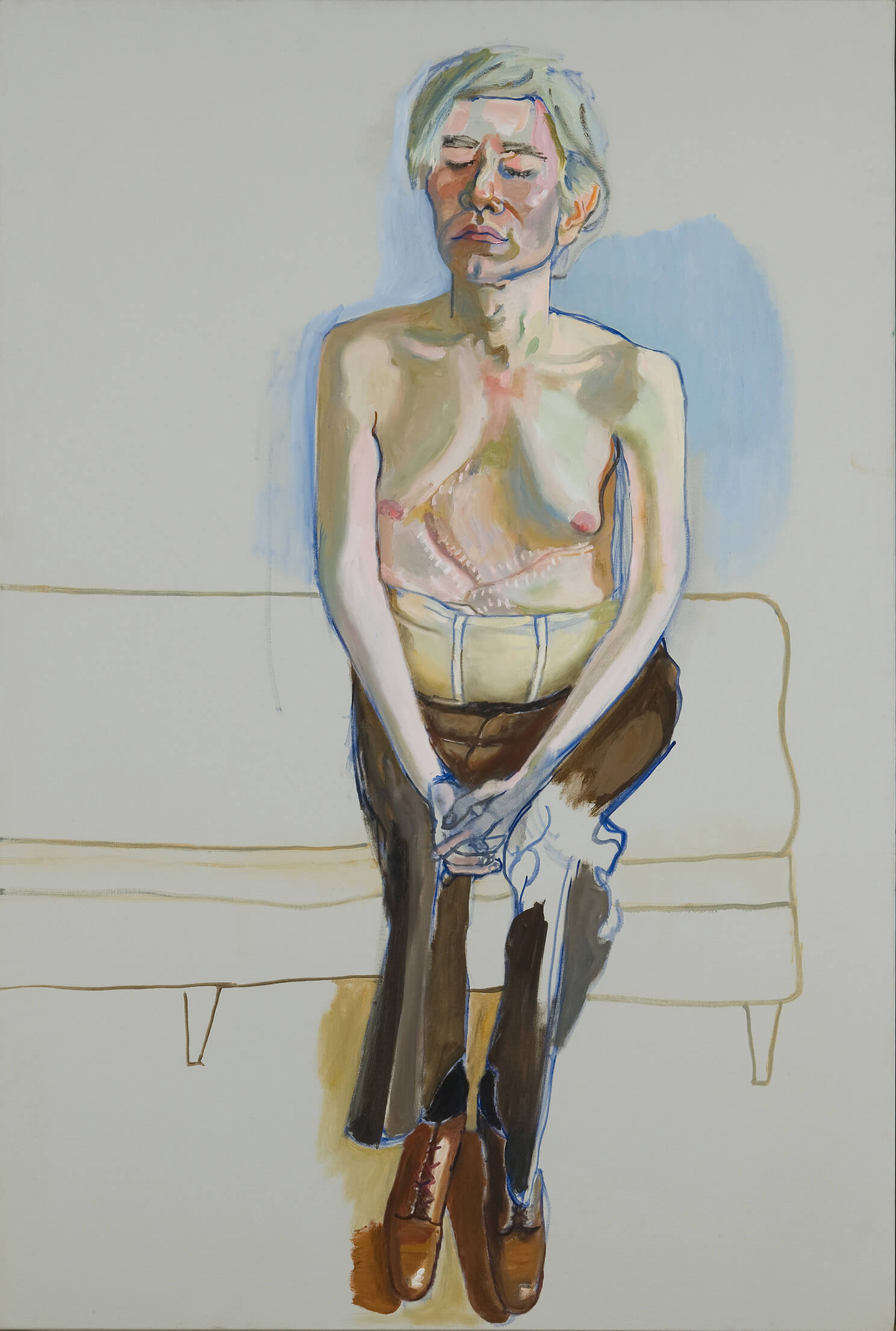 Alice Neel, (American, 1900–1984) Andy Warhol, 1970. Oil and acrylic on linen. 60 × 40 in. (152.4 × 101.6 cm) Whitney Museum of American Art, New York, Gift of Timothy Collins © The Estate of Alice Neel