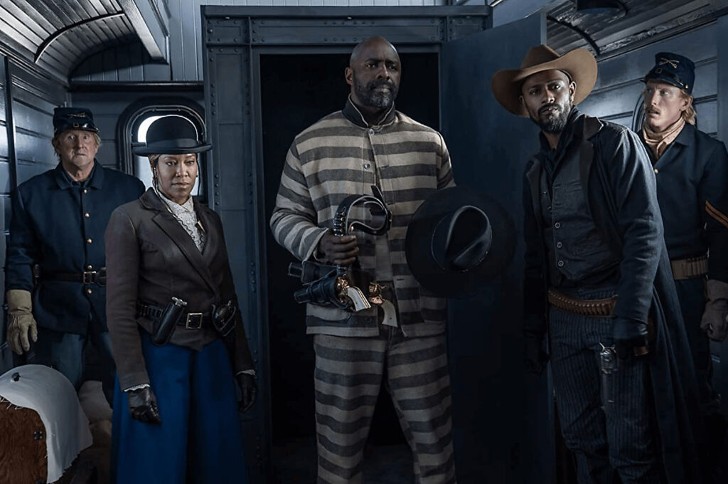 Regina King, Idris Elba and Lakeith Stanfield in The Harder They Fall