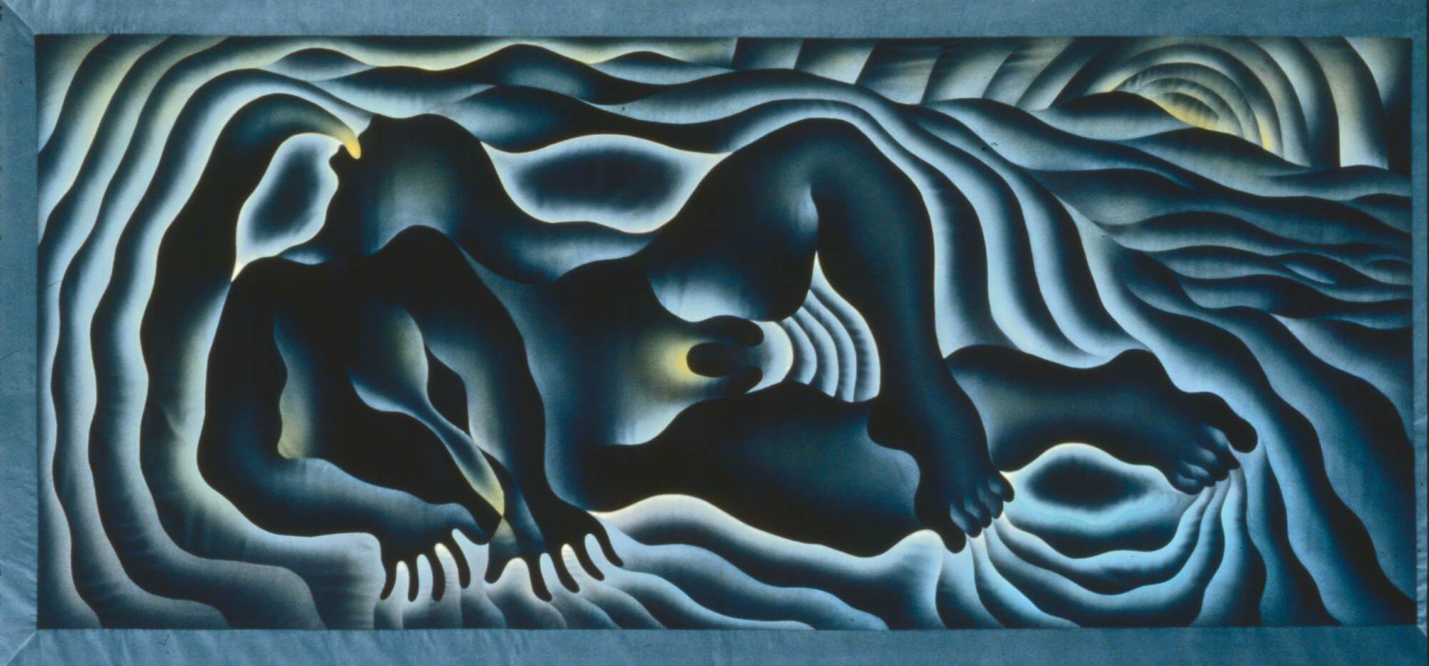 Judy Chicago (b. 1939), "Earth Birth", from the series "Birth Project", 1983. Sprayed Versatex and DMC floss on fabric. Quilting by Jacquelyn Moore Alexander. Collection of Jeanne Greenberg Rohatyn and Nicolas Rohatyn. © Judy Chicago / Artists Rights Socie
