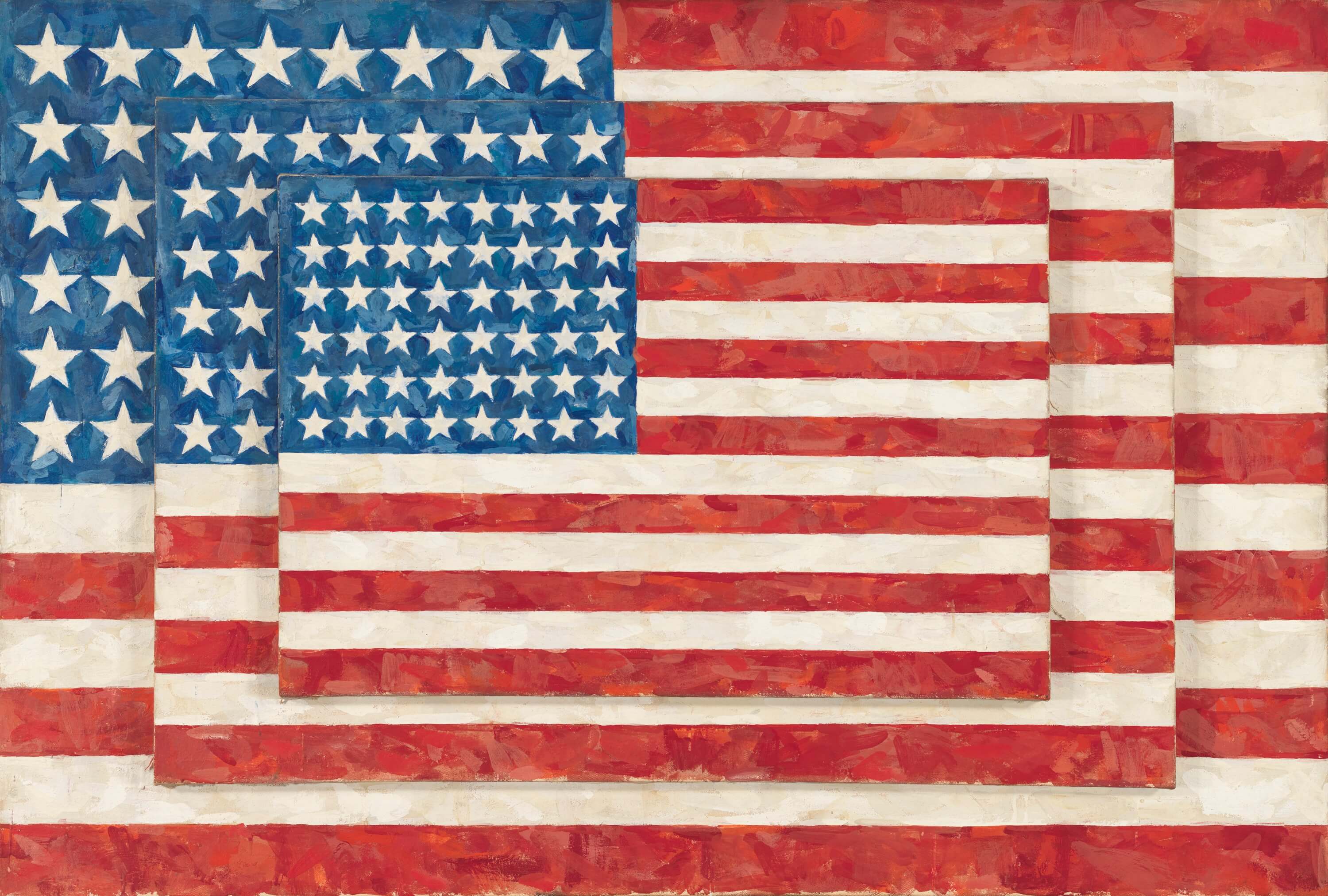 Jasper Johns, Three Flags, 1958. Encaustic on canvas (three panels). Whitney Museum of American Art, New York. © 2021 Jasper Johns / Licensed by VAGA at Artists Rights Society (ARS), NY