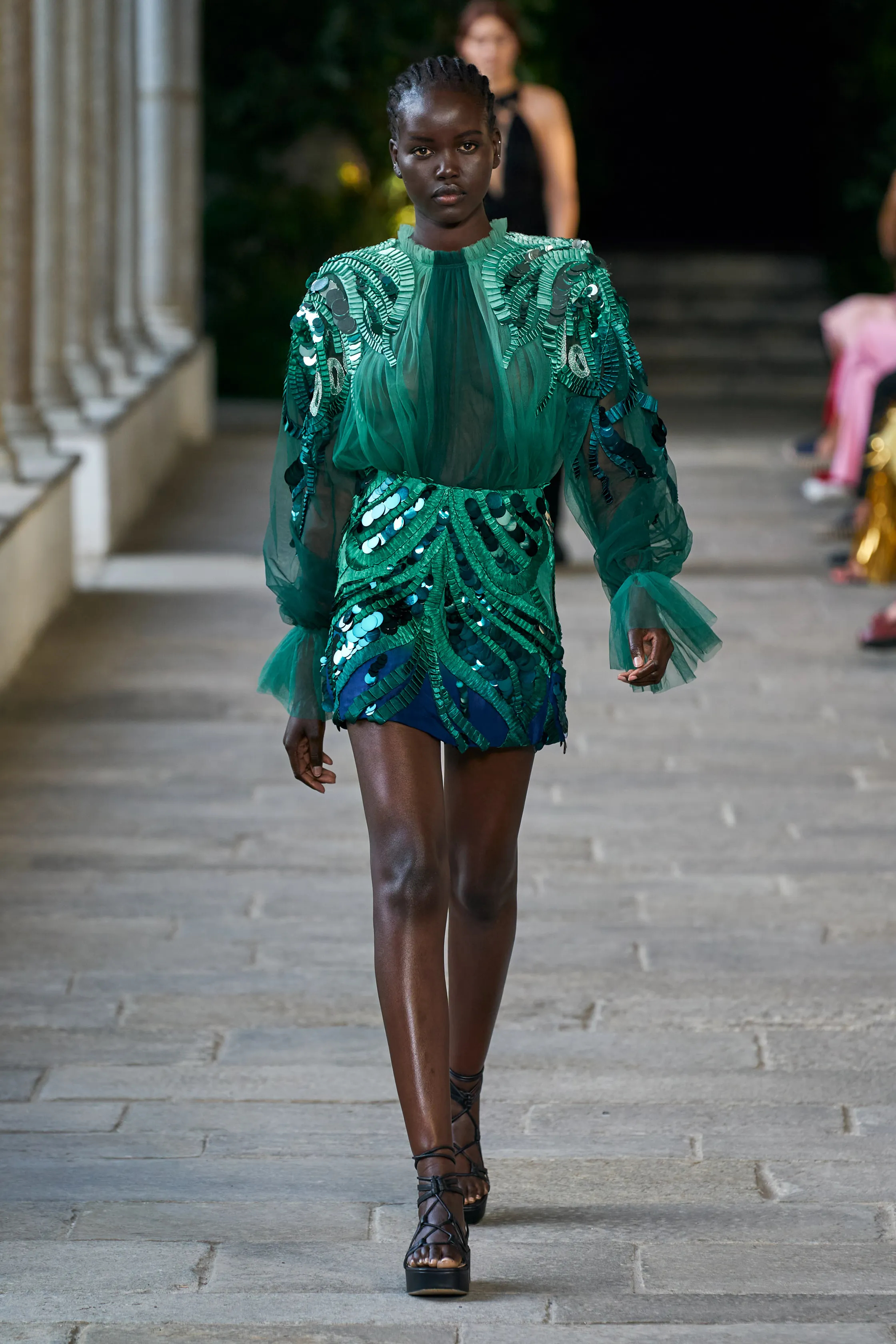 ALBERTA FERRETI RUNWAY SPRING SUMMER 2022 MODEL IN TURQUOISE SEQUINED TOP AND MINI SKIRT