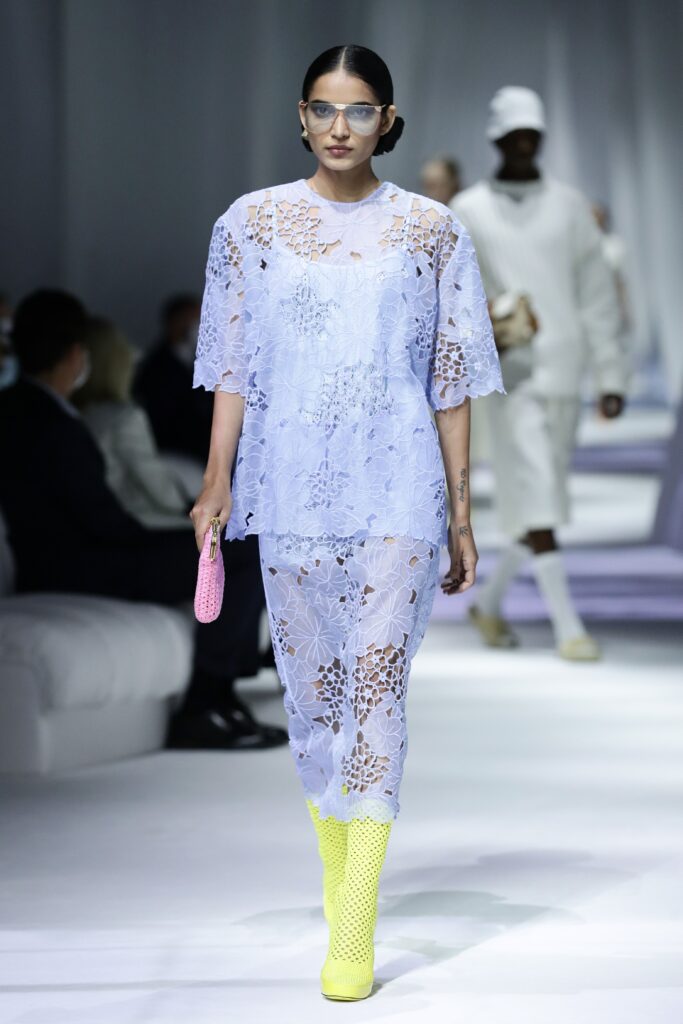 Fendi Model Wearing Shades and Lilac Lace Top on the Runway