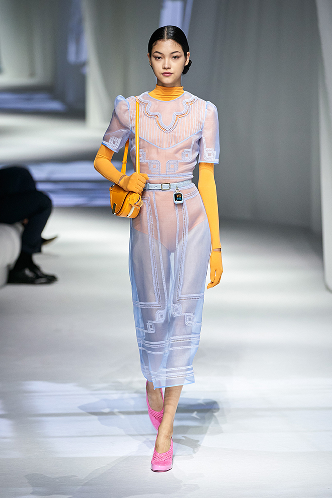 Fendi Runway See Through Lilac Dress with Orange Gloves and Bag