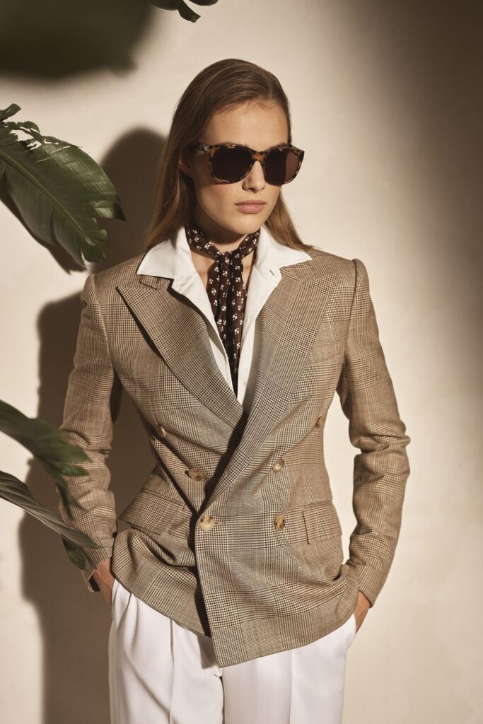 Ralph Lauren Model Wearing Shades, Glen Plaid Suit and Scarf
