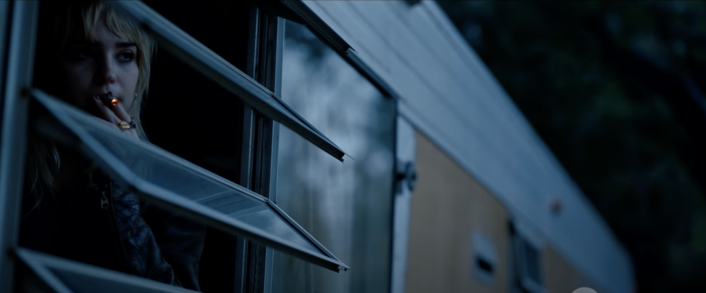 Sophie Thatcher smoking a butt inside her trailer in tv series Yellowjackets