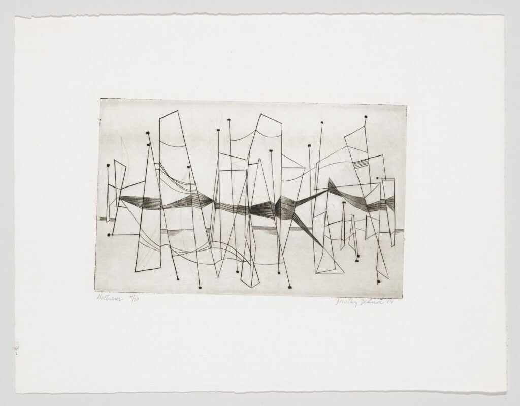 Dorothy Dehner (1901-1994), Nocturne, 1954. Engraving: sheet. Whitney Museum of American Art, NY; gift of Judith Bettelheim in memory of Mildred Constantine + Dorothy Dehner 2010.109. © Dorothy Dehner Foundation