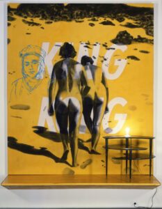 King Kong, 1983 oil and acrylic with electric light and wood table 123 x 96" © David Salle:VAGA at Artists Rights Society (ARS), New York. Courtesy The Brant Foundation, Greenwich, CT