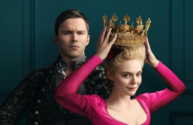 Nicholas Hout and Elle Fanning wearing pink and crown in the Great Season 2
