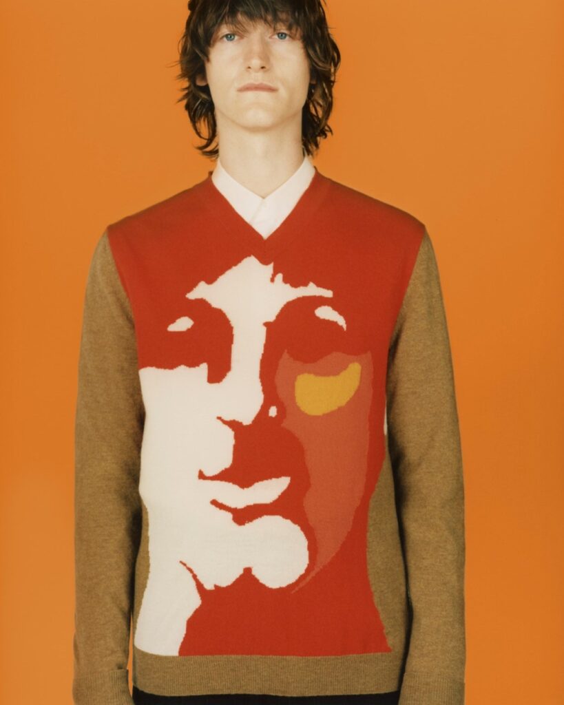Stella McCartney Beatles Capsule Collection Red V Neck Sweater with Camel Wool Sleeves