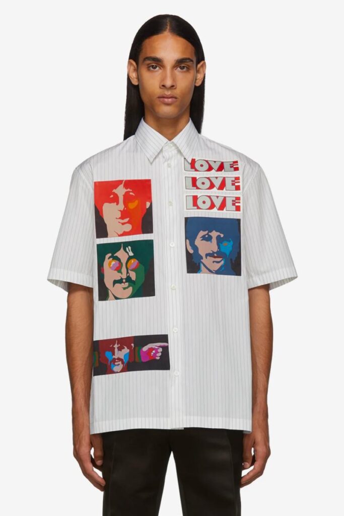 Stella_McCartney Beatles Capsule Collection Model Wearing White Short Sleeve Shirt with Patches