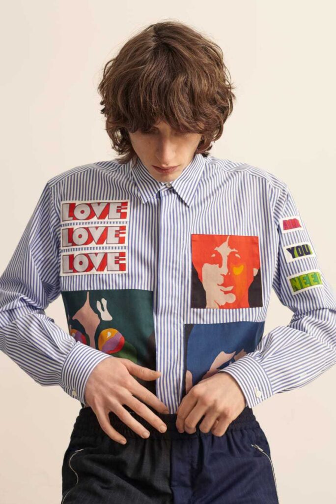 Stella_McCartney_Beatles Capsule_Collection_Model Wearing Stiped Oxford Shirt with Beatle Patches