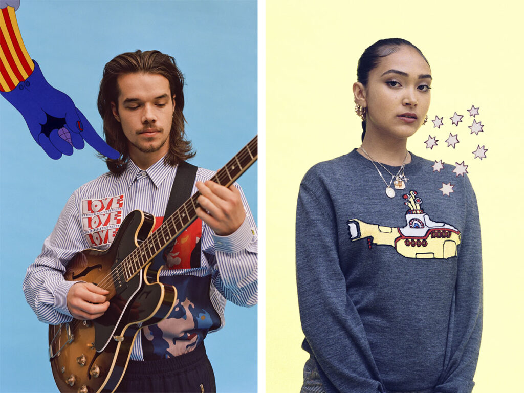 stella-mccartney-beatles-collection model playing guitar on the left and a model wearing a yellow submarine sweater on the right