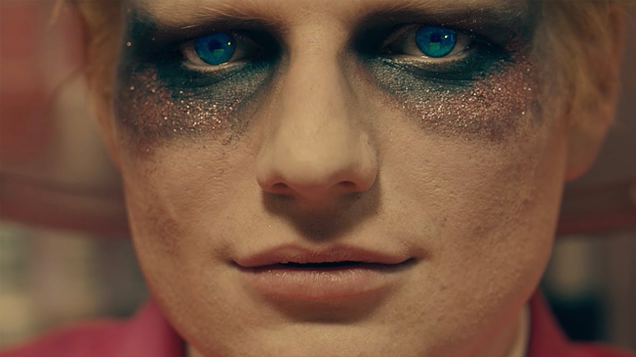 Ed Sheeran Close Up with Piercing Blue Eyes with Sparkly Eye Makeup