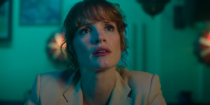 Jessica Chastain Against an Acqua Background in The 355