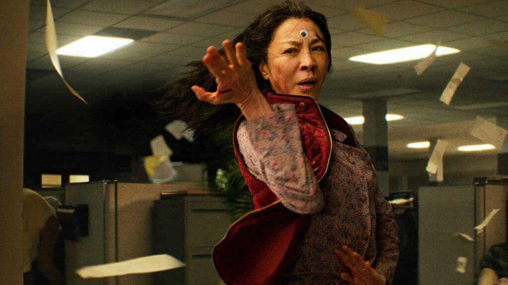 Everything Everywhere Al At Once Starring michelle yeoh doing a karate move