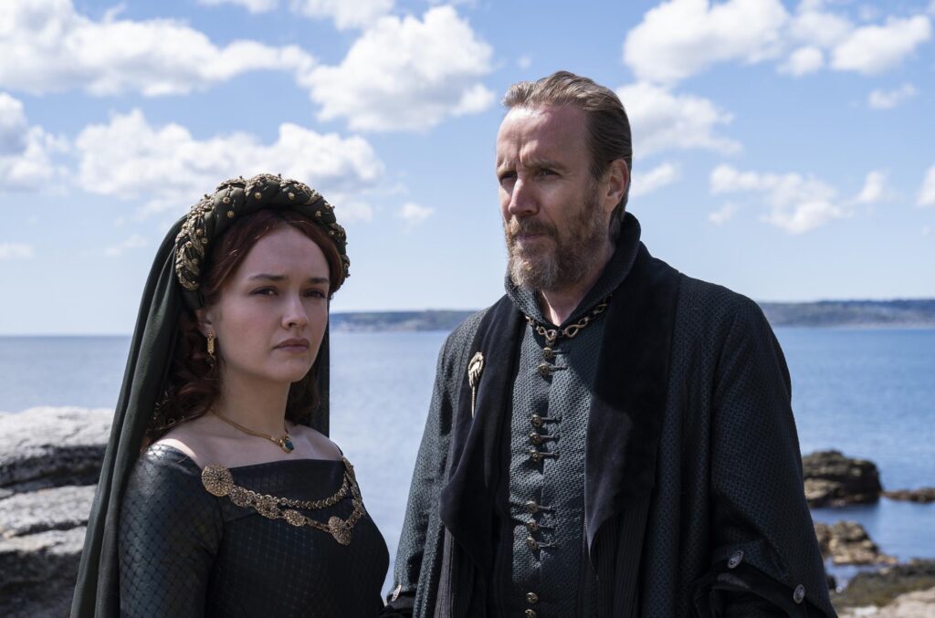 Olivia Cooke as "Alicent Hightower" and Rhys Ifans as "Otto Hightower" in House of The Dragon Photograph by Ollie Upton/HBO Olivia Cooke, Rhys Ifans HBO House of the Dragon Season 1