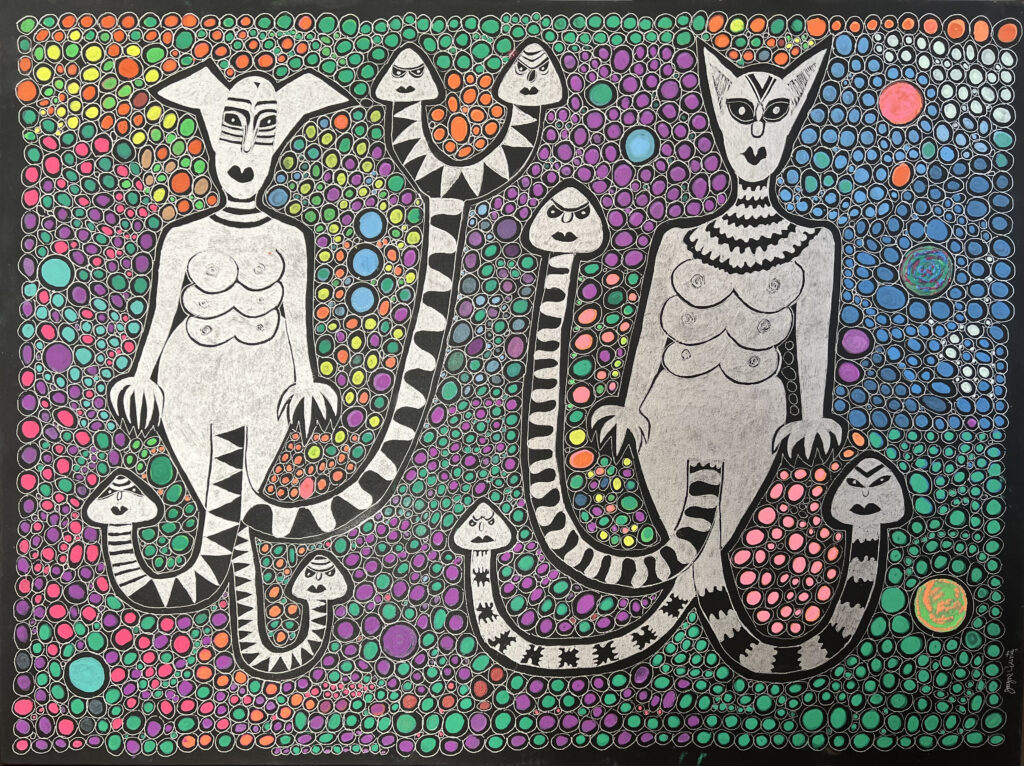 Bastet + Two Plus Six 42 1:3. Jayne County. Acrylic and ink on canvas. 2019. Courtesy of Michael Fox.