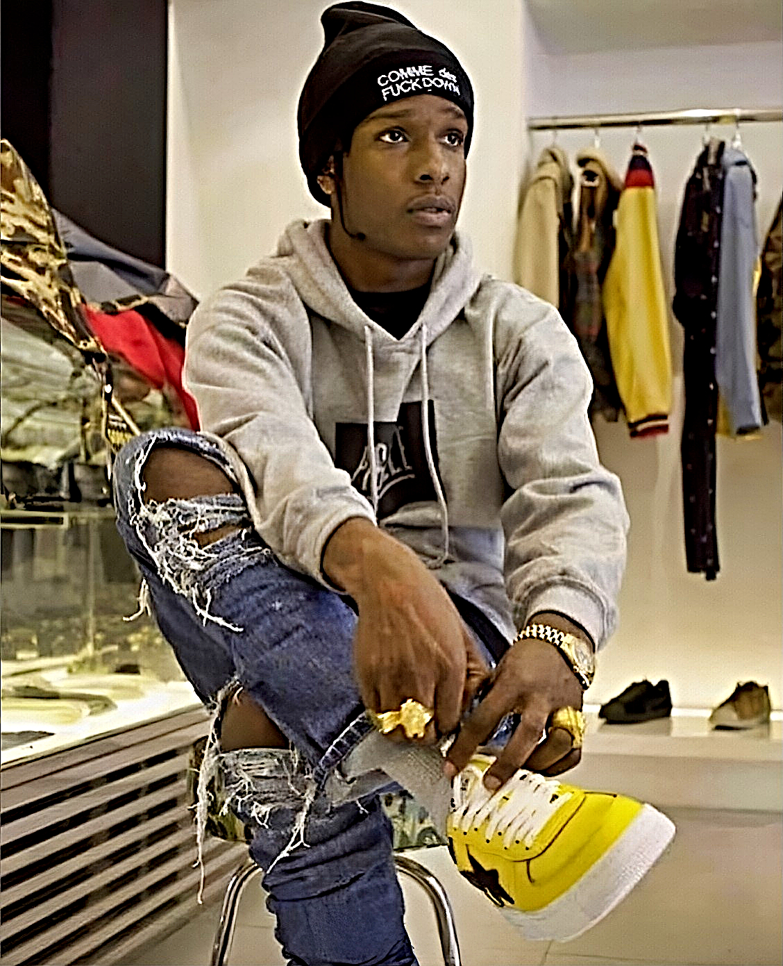 A$AP Rocky in vintage including Bapesta sneakers from A Bathing Ape