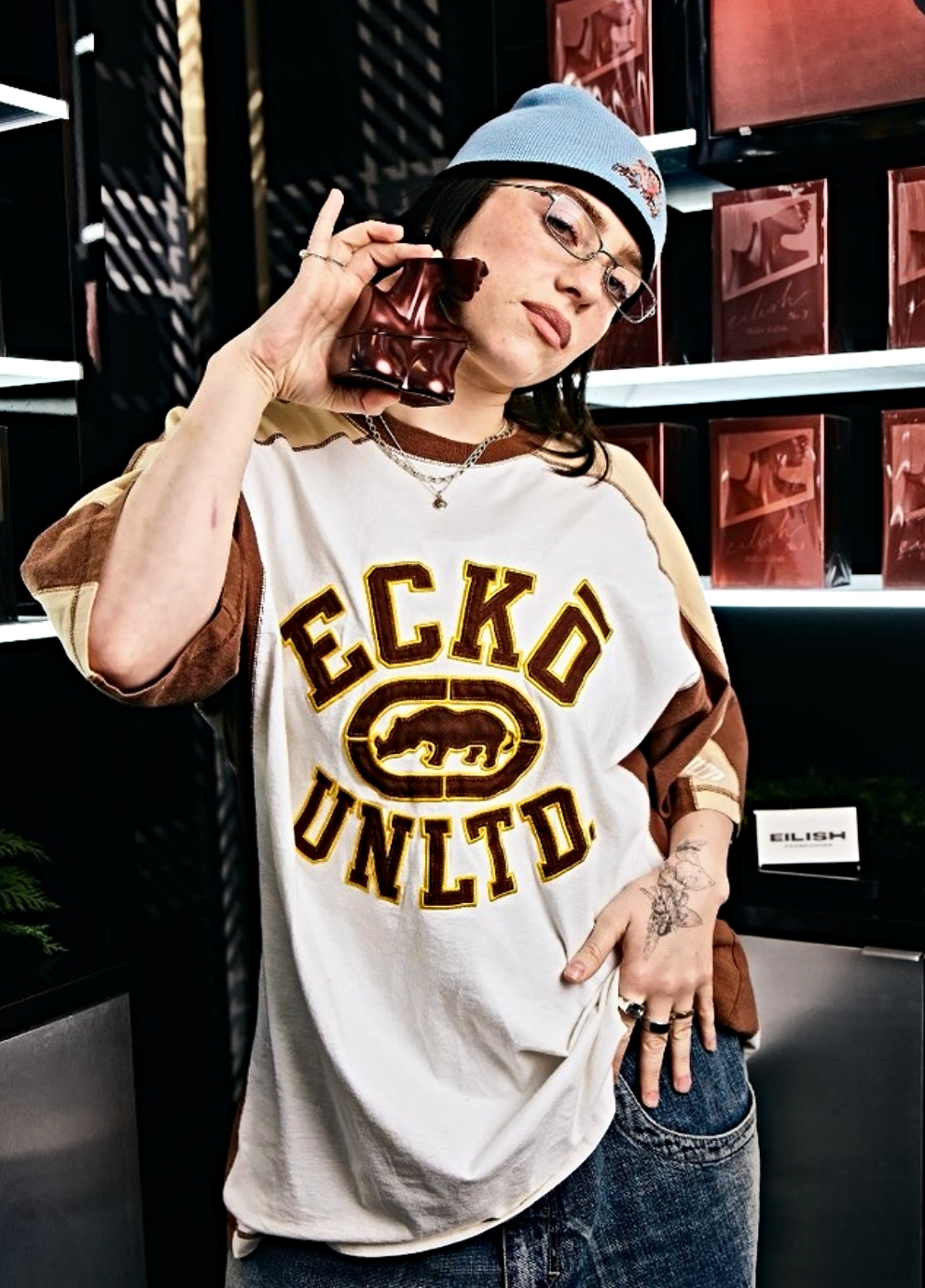 Billie Eilish in vintage ECKO Grunge Skater top